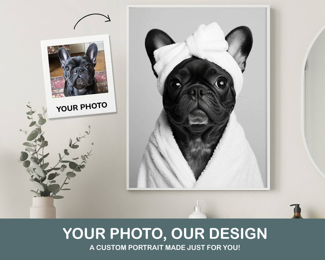 Black and white dog portrait custom bathroom art