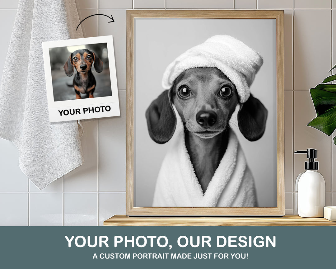 black and white personalized dog portrait bathrobe towel art