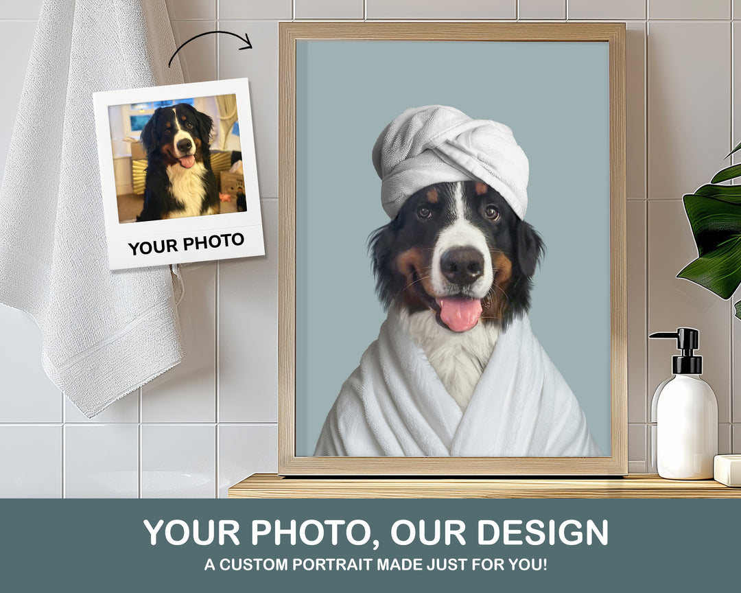 dog in robe towel head custom pet art