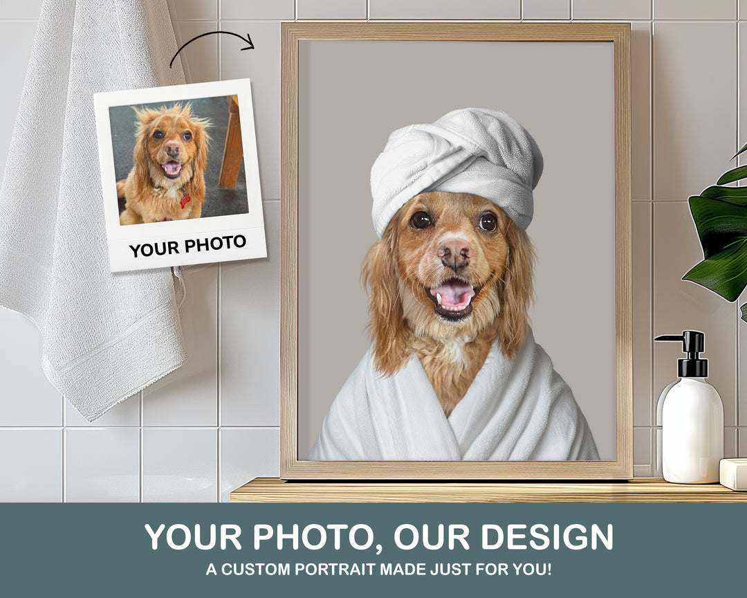 dog in robe towel head custom pet portrait