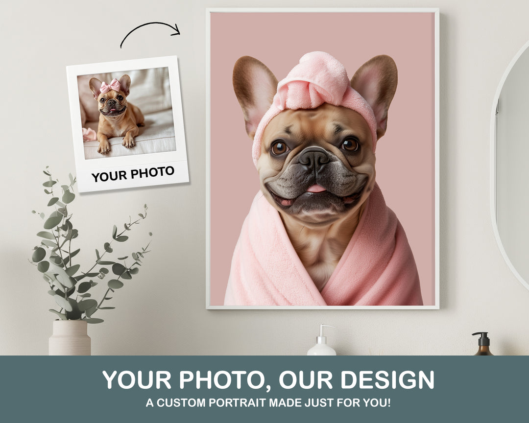 funny dog pink robe towel head pet portrait