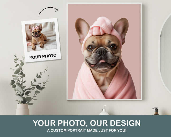 funny dog pink robe towel head pet portrait