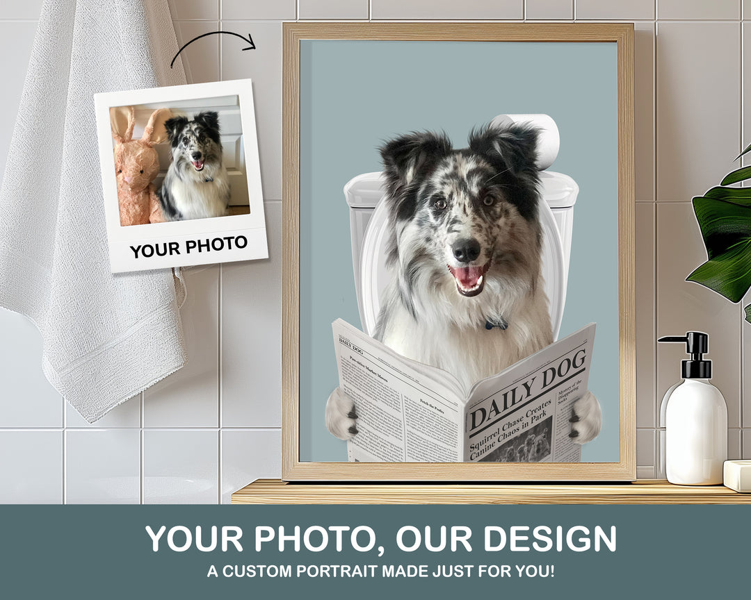 funny poster dog reading newspaper on toilet