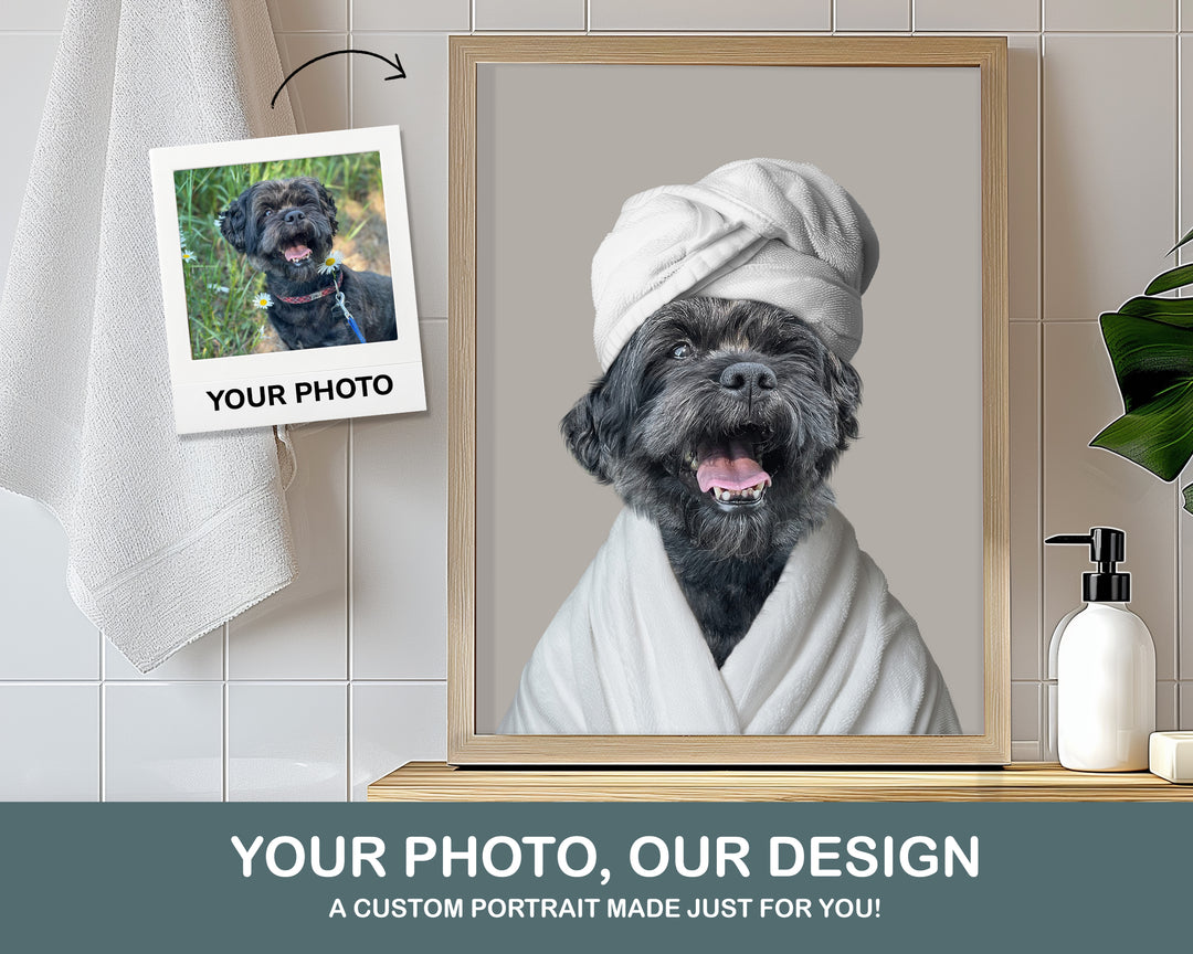 personalized dog wearing robe towel pet portrait