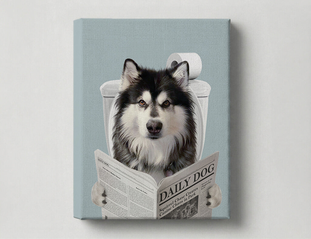 Dog Reading Newspaper on toilet