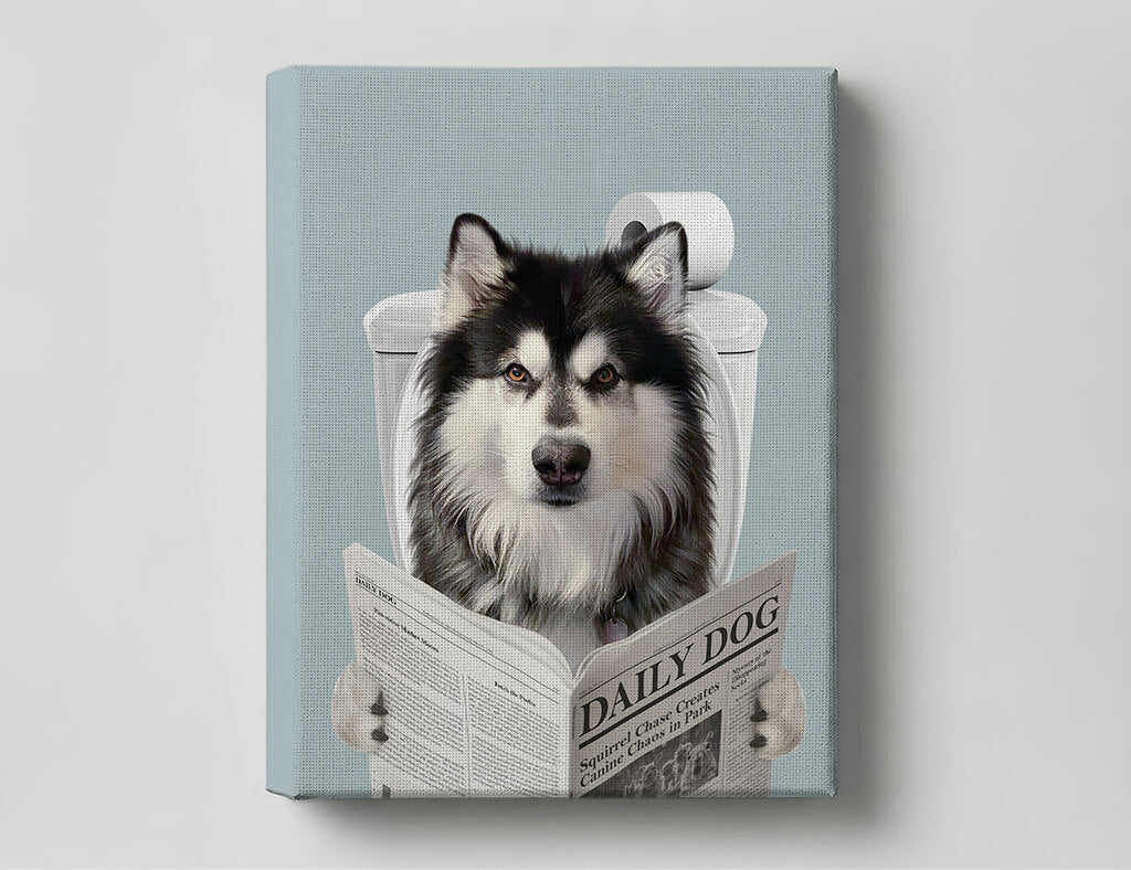 Dog Reading Newspaper on toilet