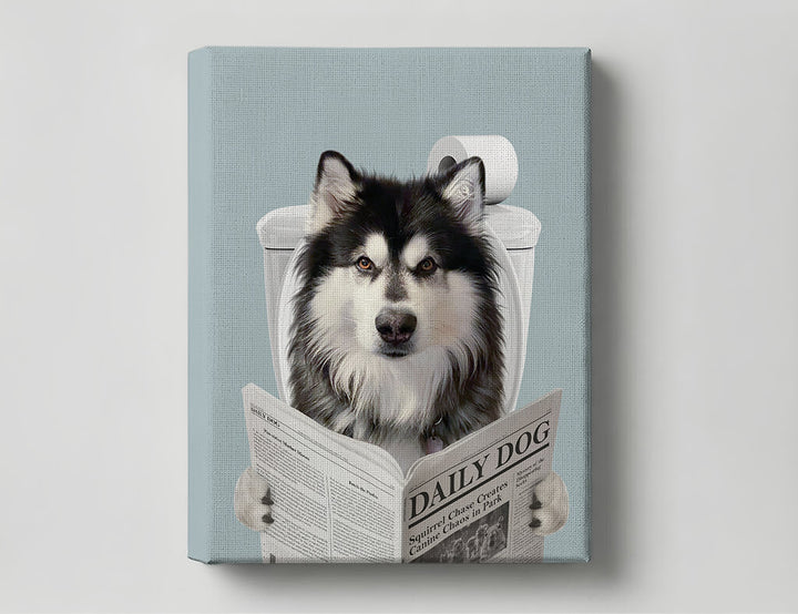 Dog Reading Newspaper on toilet