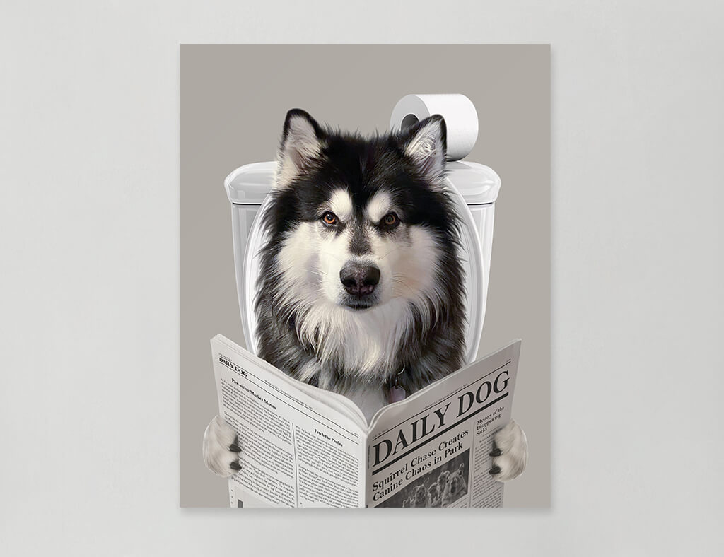 Dog Reading Newspaper on toilet
