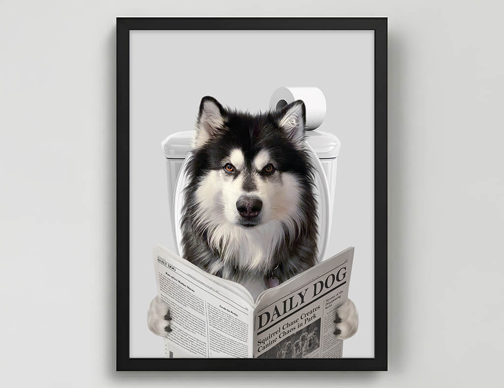 Dog Reading Newspaper on toilet