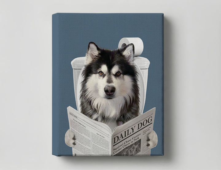 Dog Reading Newspaper on toilet