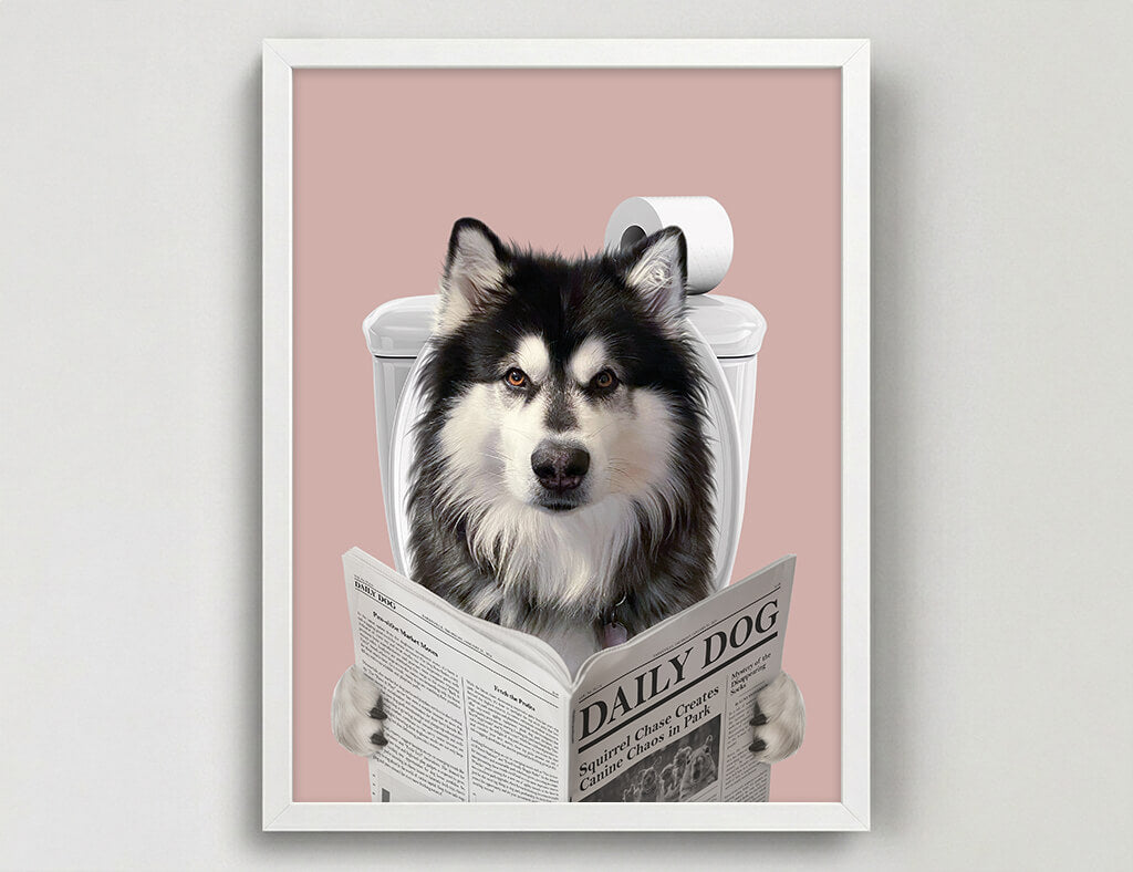 Dog Reading Newspaper on toilet