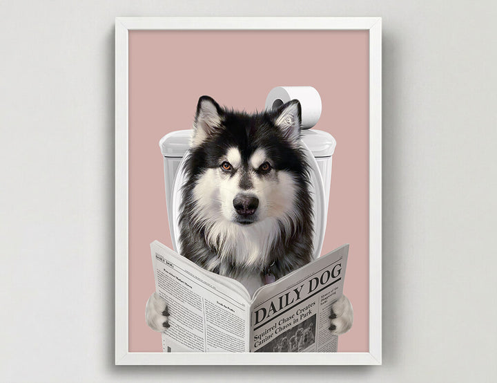 Dog Reading Newspaper on toilet