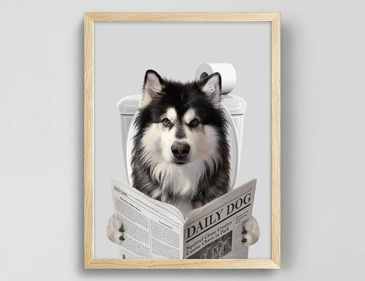 Dog Reading Newspaper on toilet