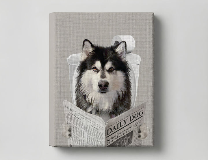 Dog Reading Newspaper on toilet