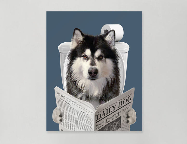 Dog Reading Newspaper on toilet