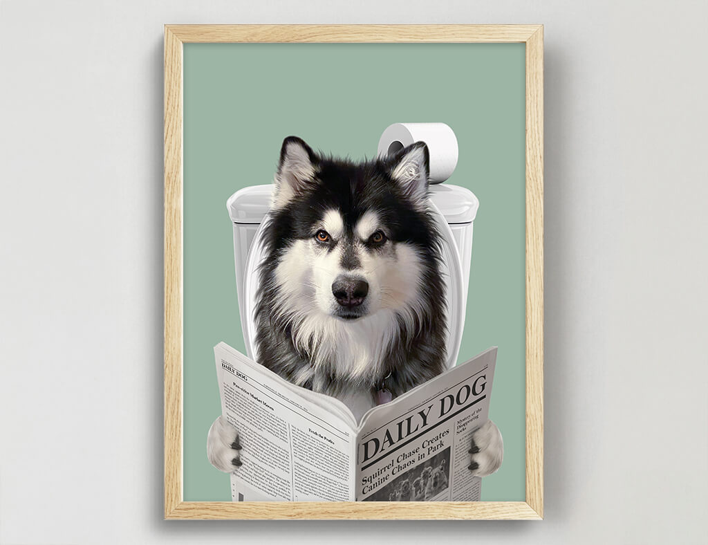 Dog Reading Newspaper on toilet