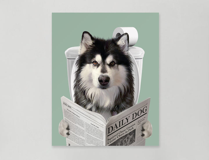 Dog Reading Newspaper on toilet