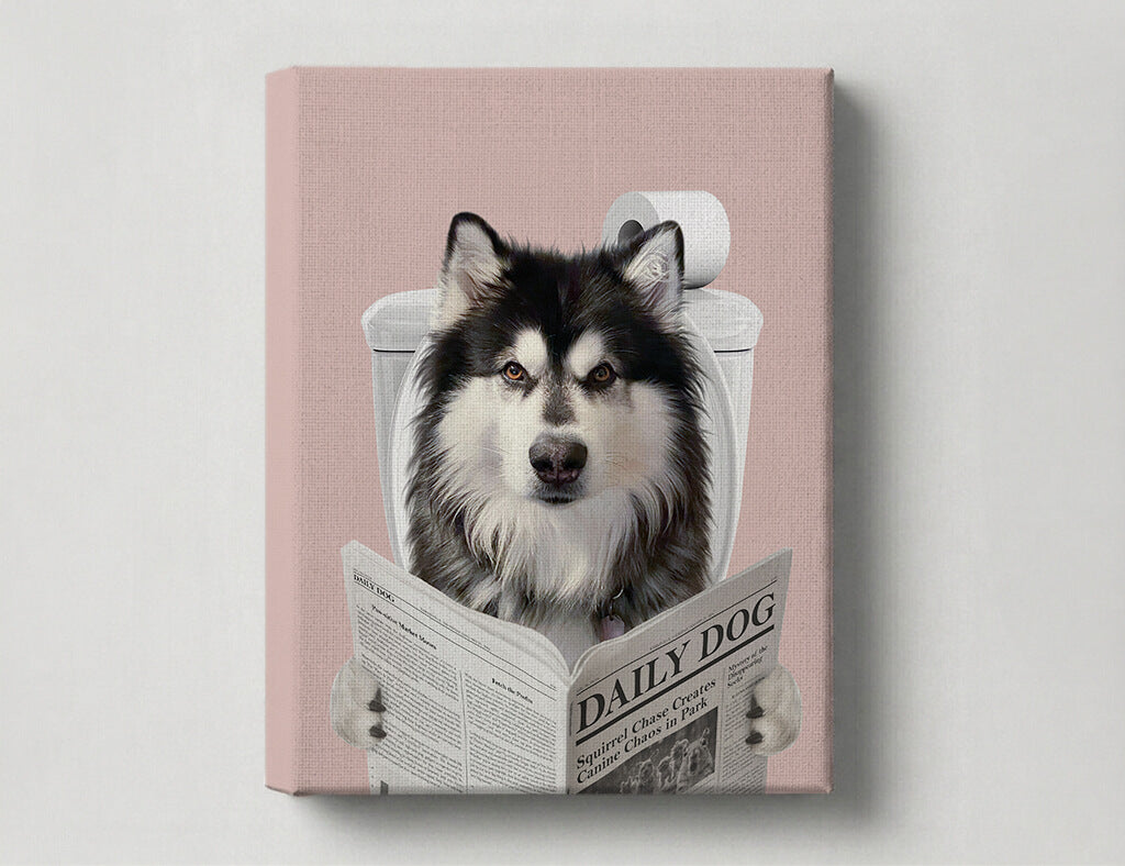 Dog Reading Newspaper on toilet