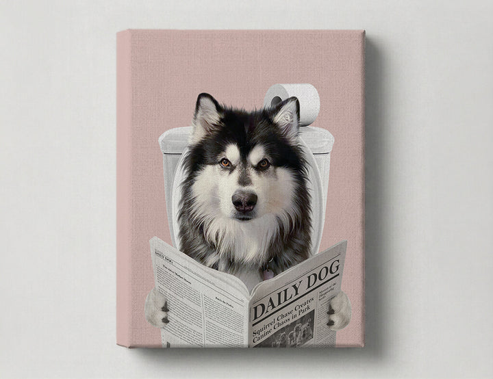Dog Reading Newspaper on toilet