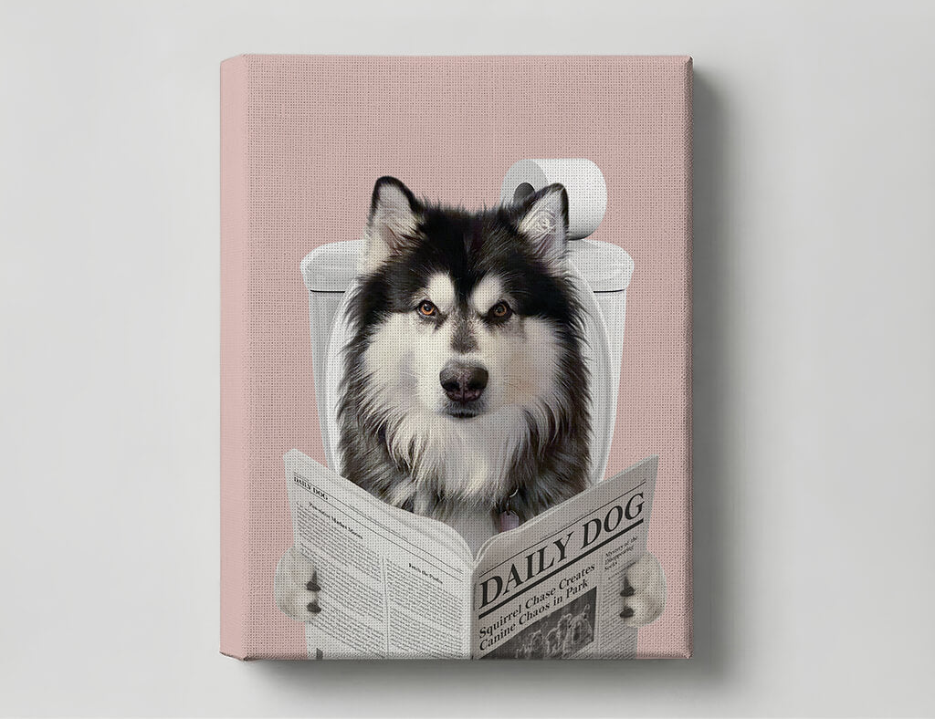 Dog Reading Newspaper on toilet
