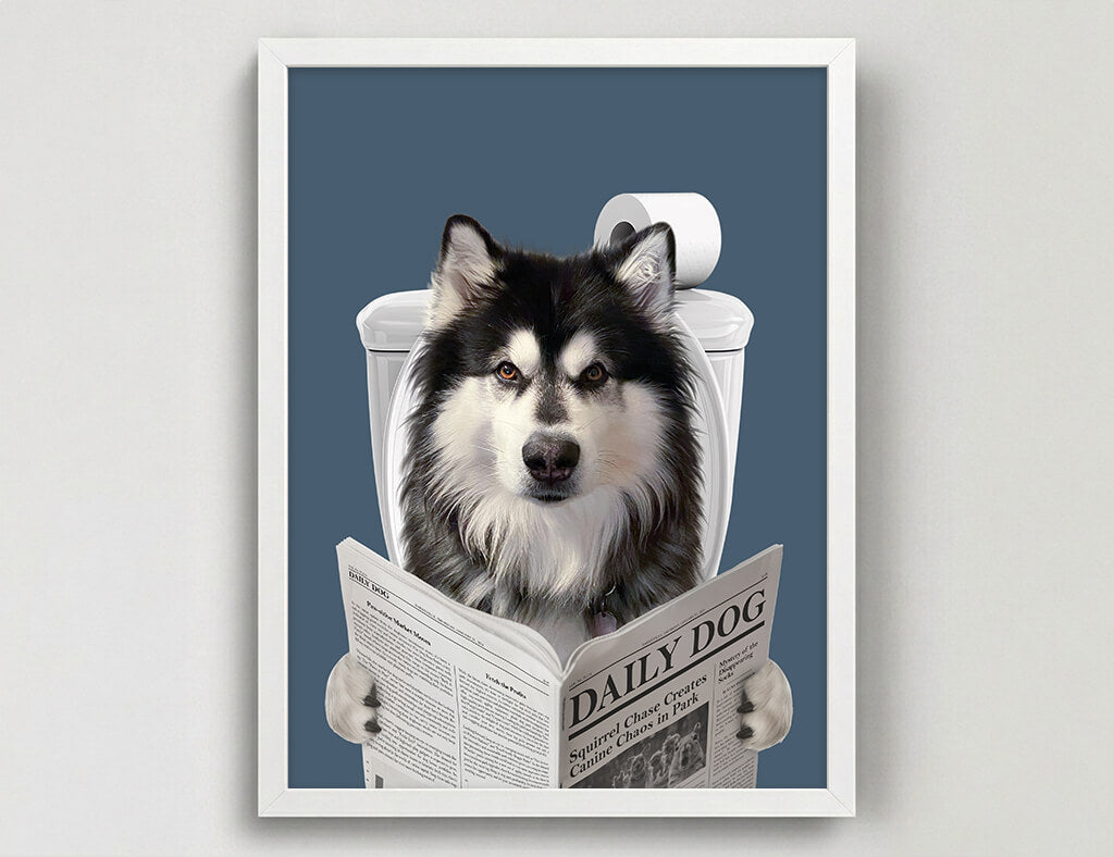 Dog Reading Newspaper on toilet