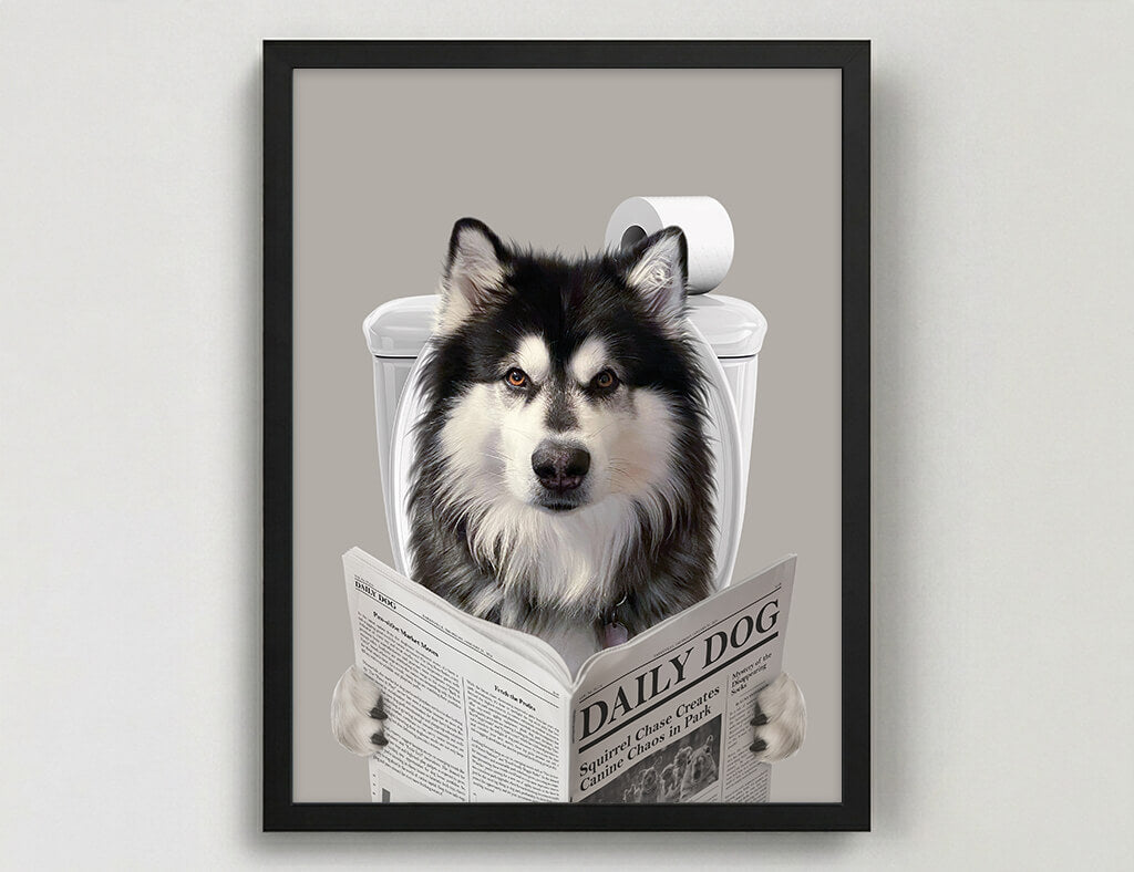 Dog Reading Newspaper on toilet