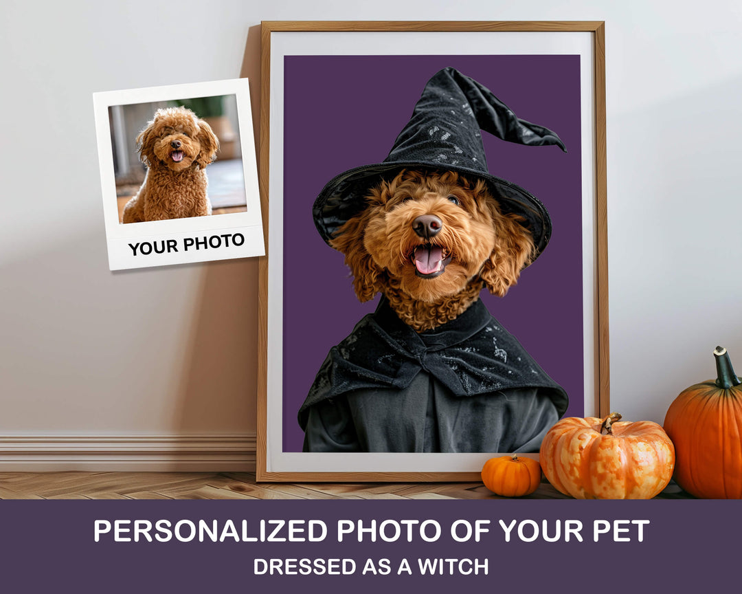 Framed photo of a dog dressed as a witch with Halloween pumpkins on a table.