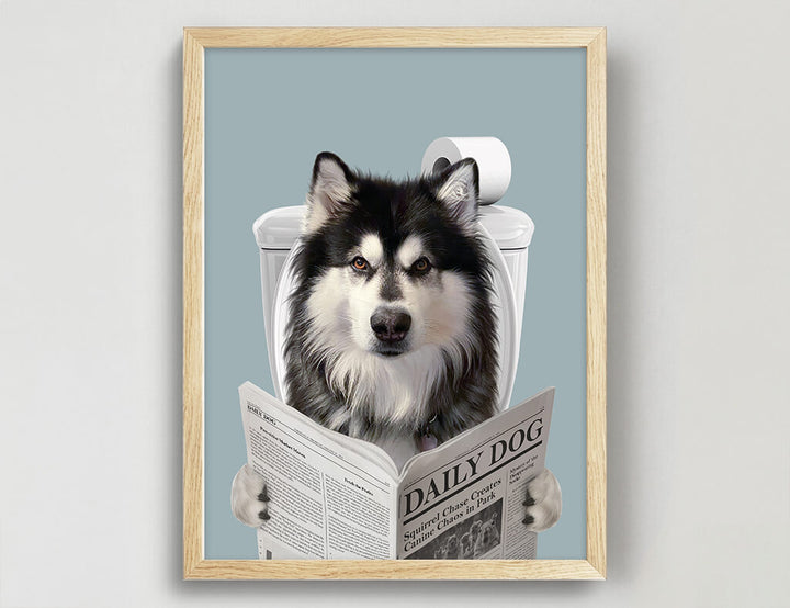 Dog Reading Newspaper on toilet
