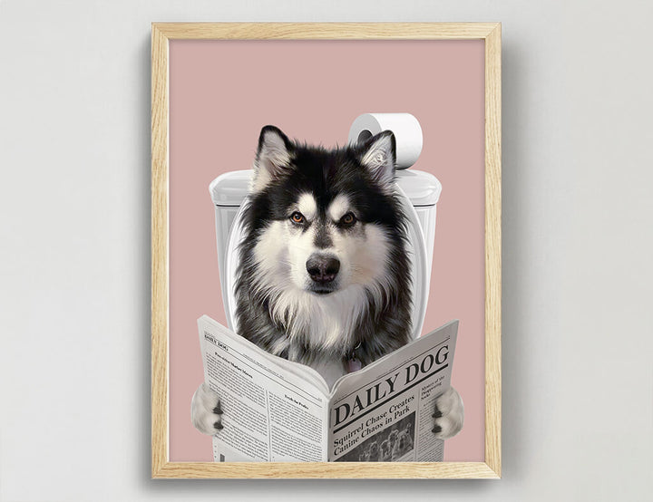 Dog Reading Newspaper on toilet