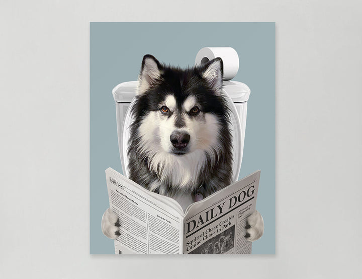 Dog Reading Newspaper on toilet