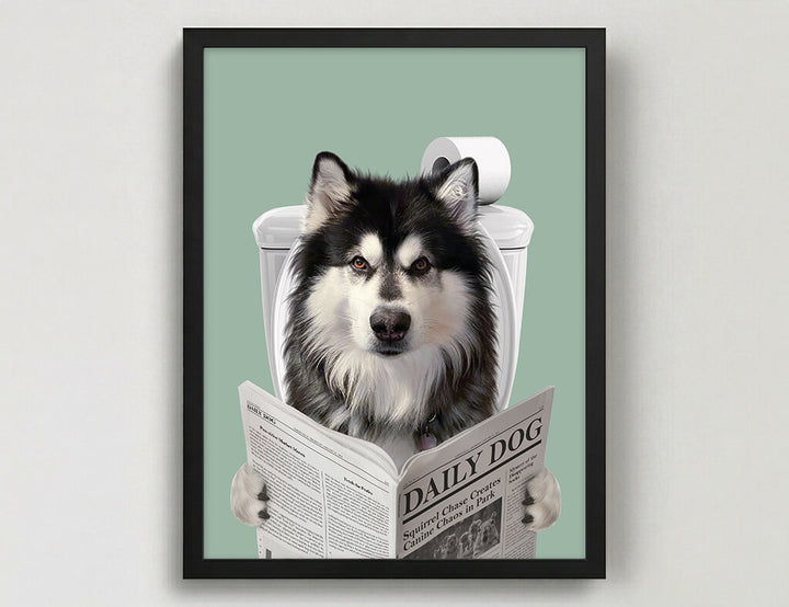 Dog Reading Newspaper on toilet