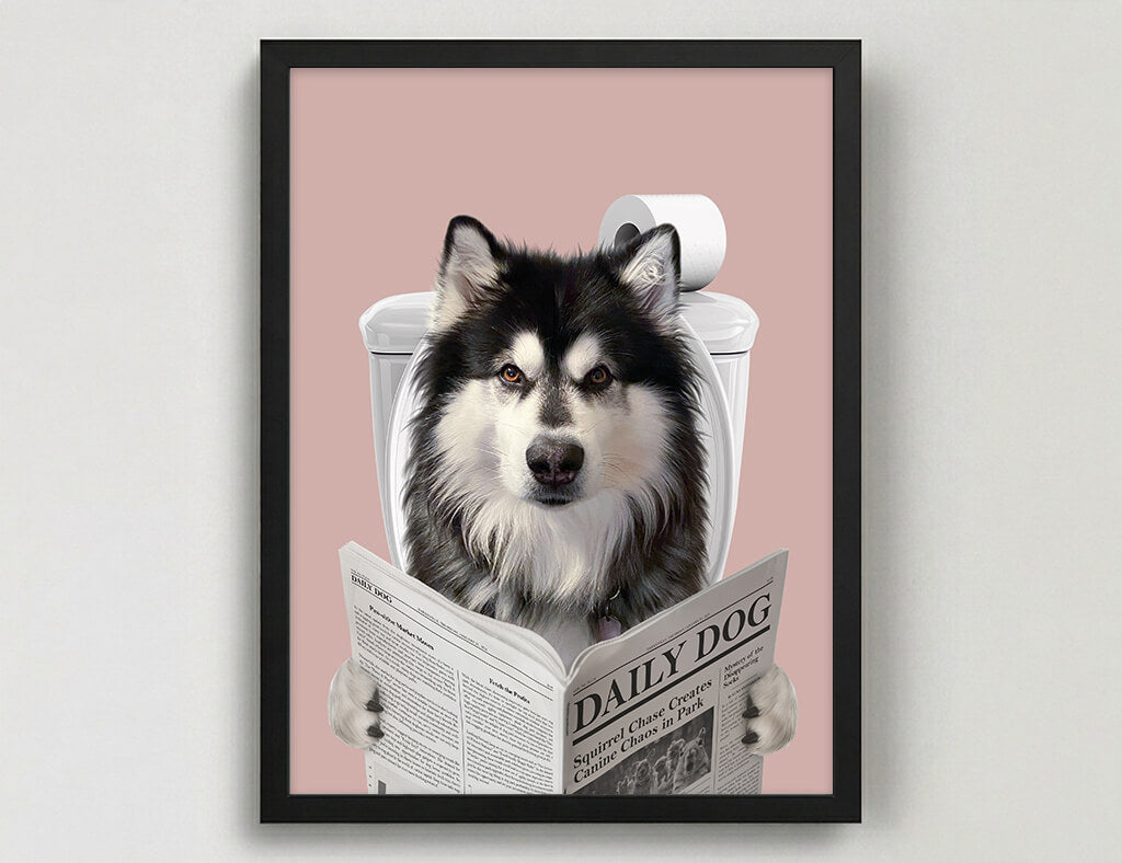 Dog Reading Newspaper on toilet