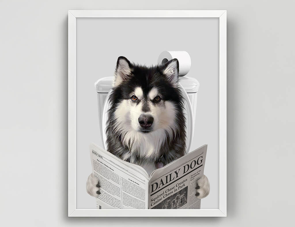 Dog Reading Newspaper on toilet