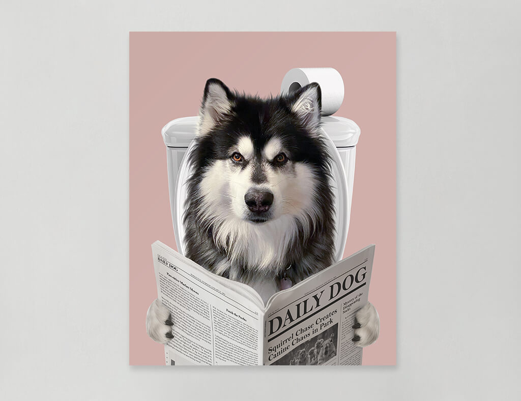 Dog Reading Newspaper on toilet