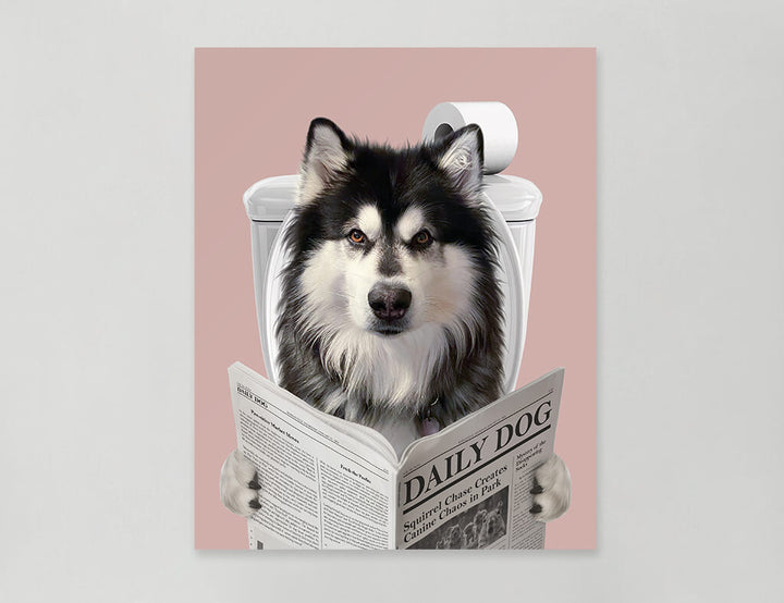 Dog Reading Newspaper on toilet