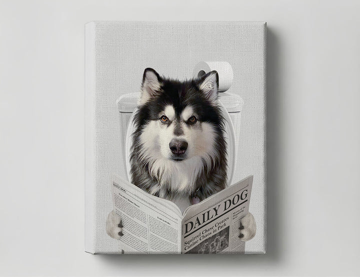 Dog Reading Newspaper on toilet