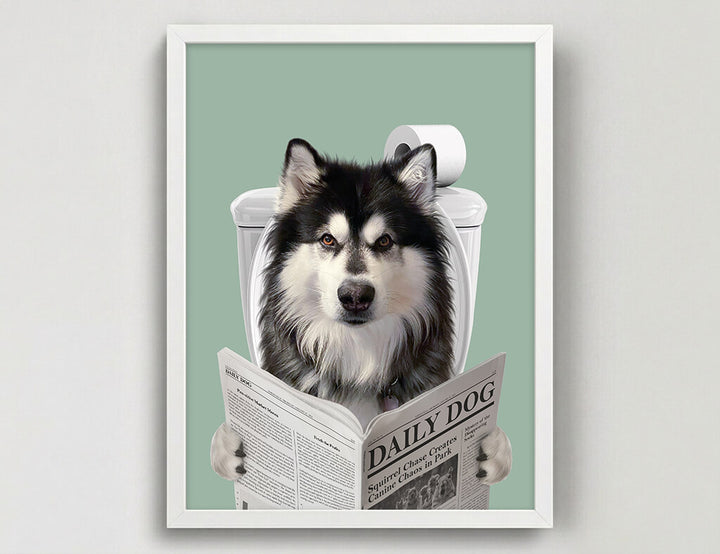 Dog Reading Newspaper on toilet