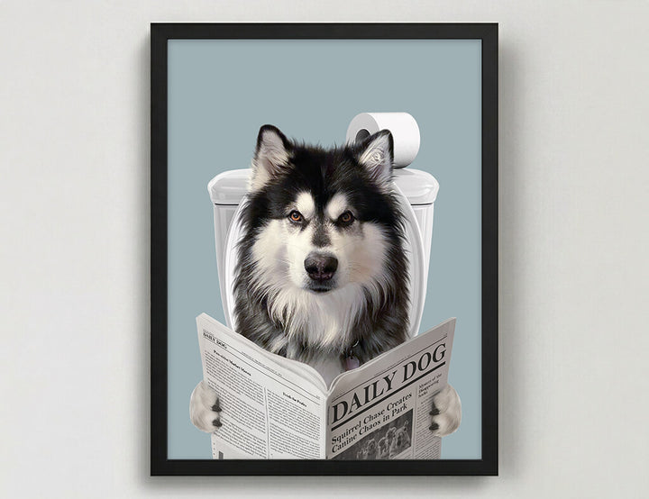 Dog Reading Newspaper on toilet