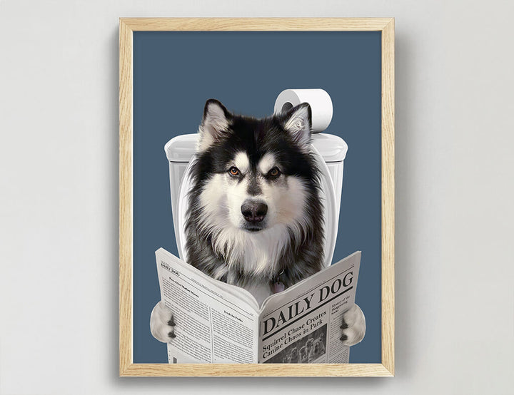 Dog Reading Newspaper on toilet