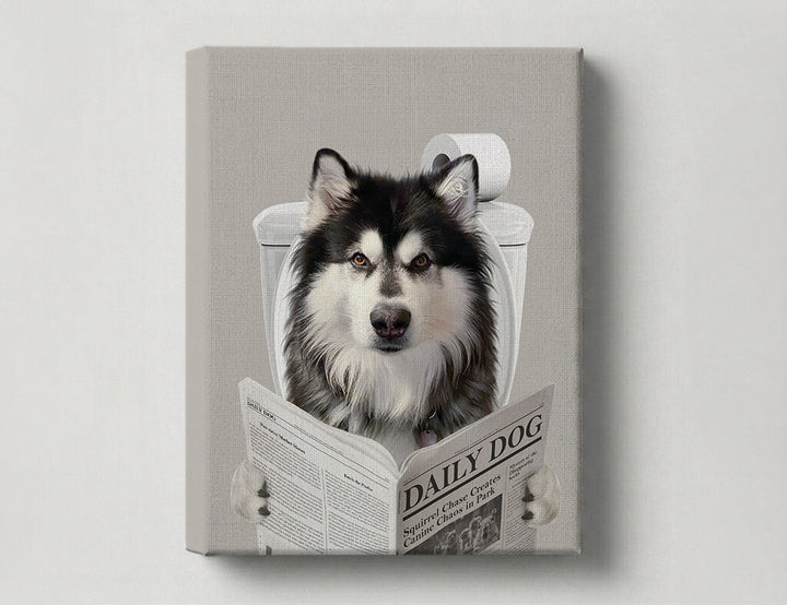 Dog Reading Newspaper on toilet