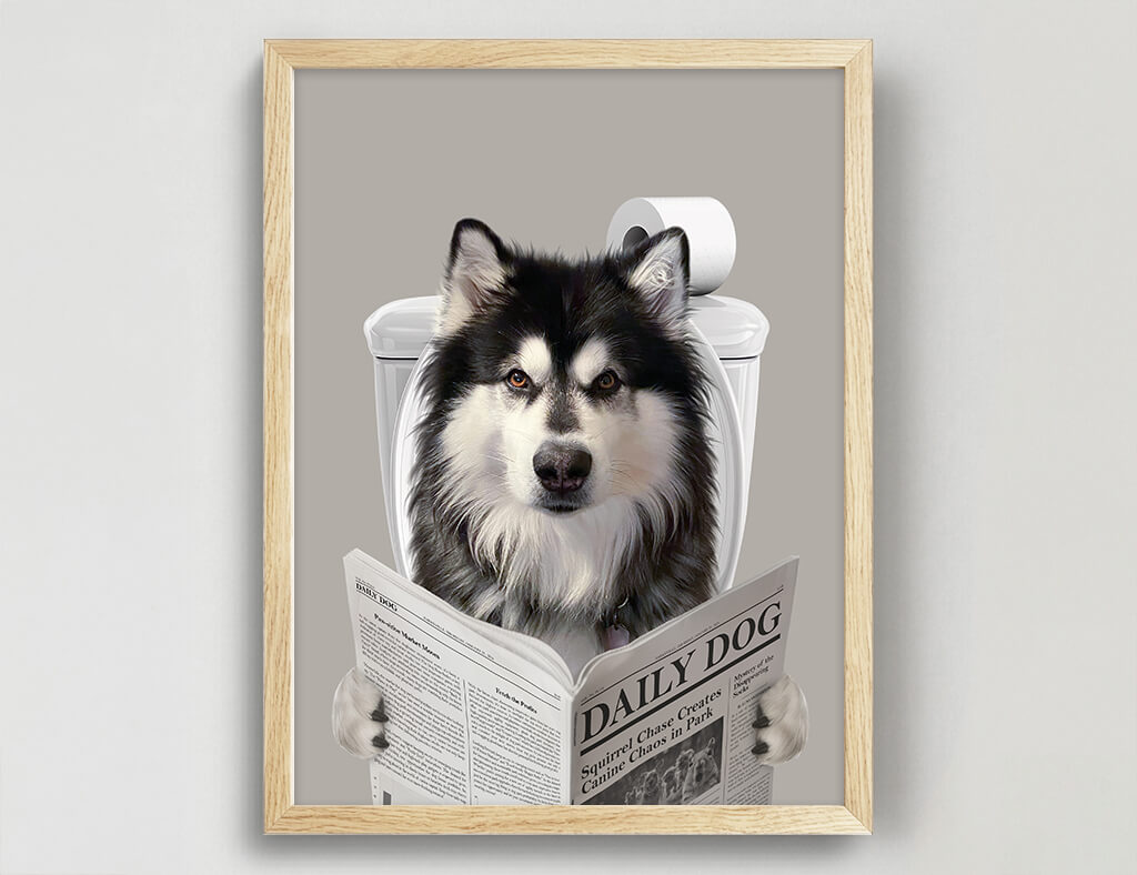 Dog Reading Newspaper on toilet