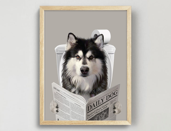Dog Reading Newspaper on toilet