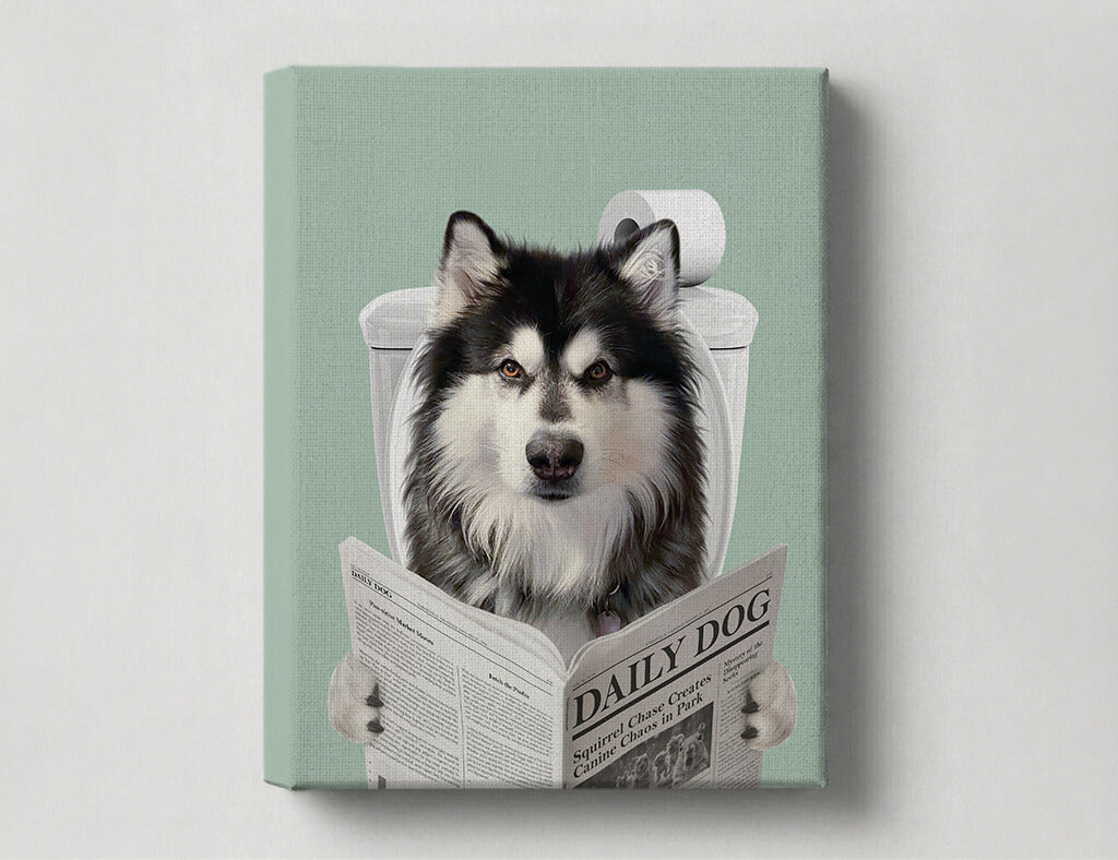 Dog Reading Newspaper on toilet