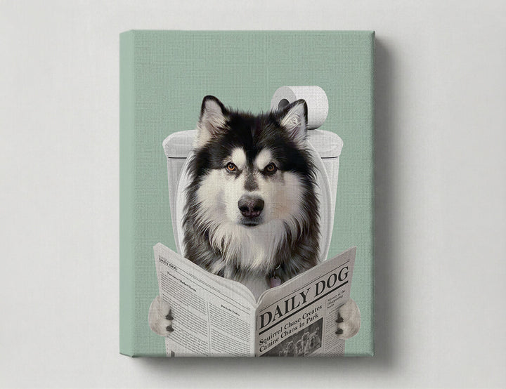 Dog Reading Newspaper on toilet