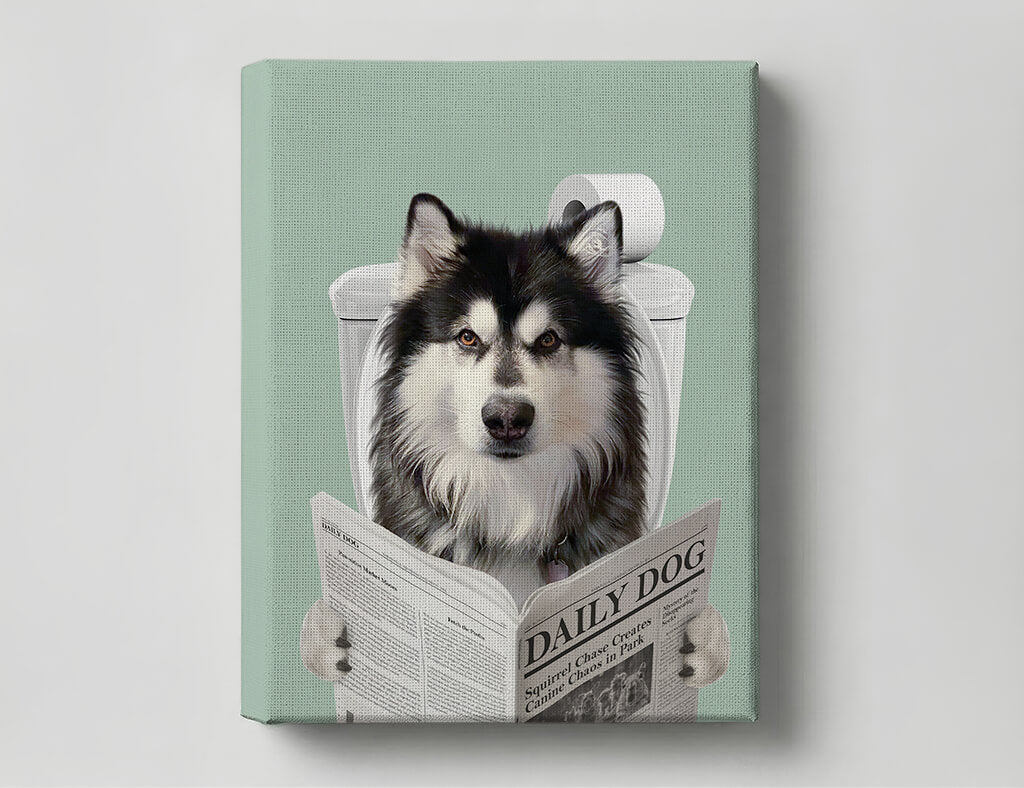 Dog Reading Newspaper on toilet
