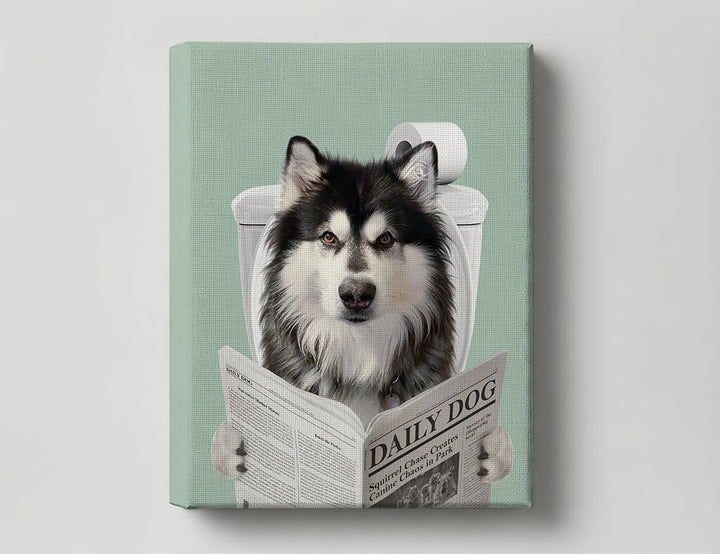 Dog Reading Newspaper on toilet