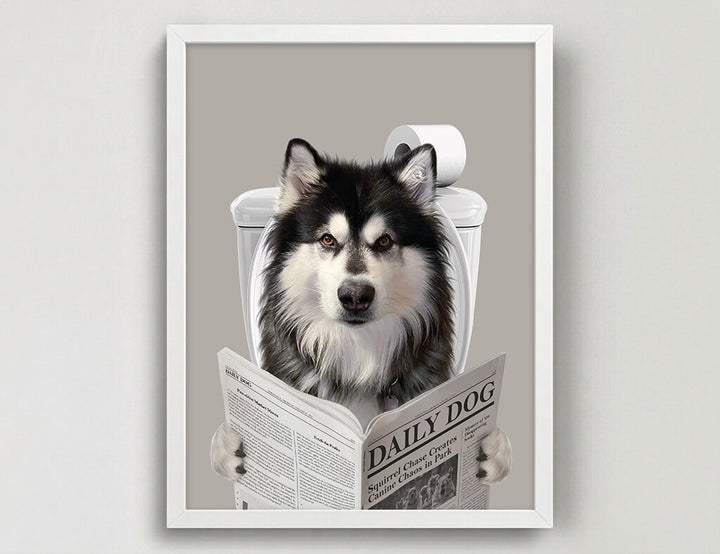 Dog Reading Newspaper on toilet
