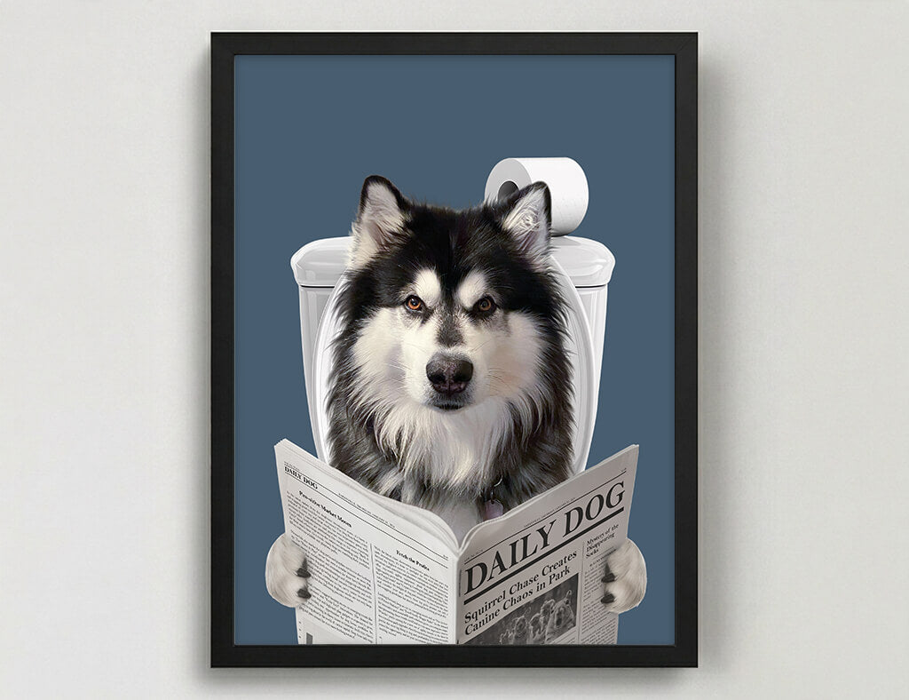 Dog Reading Newspaper on toilet