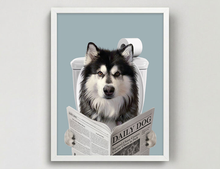 Dog Reading Newspaper on toilet