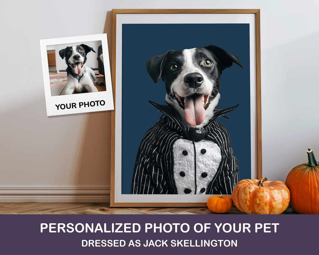 Framed personalized photo of a dog dressed as Jack Skellington with pumpkins on a table.